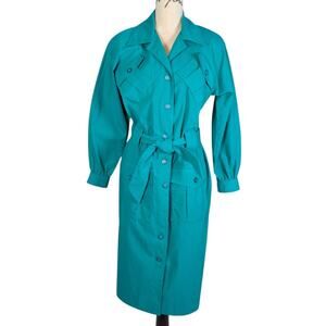 Vintage 1980s Teal Shirt Dress Belted Safari Midi Made in USA